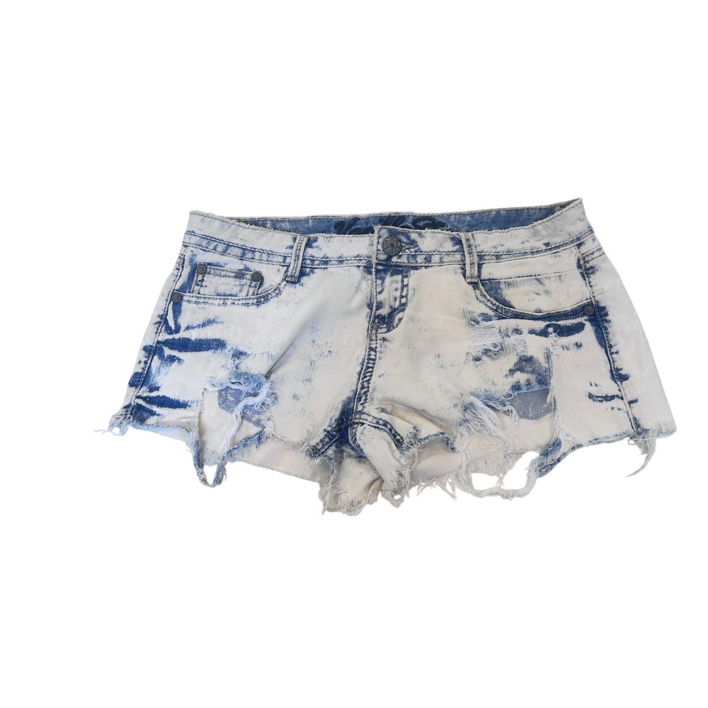 Vanilla Star Womens Acid Wash Distressed Denim Shorts Blue White Low Rise 7